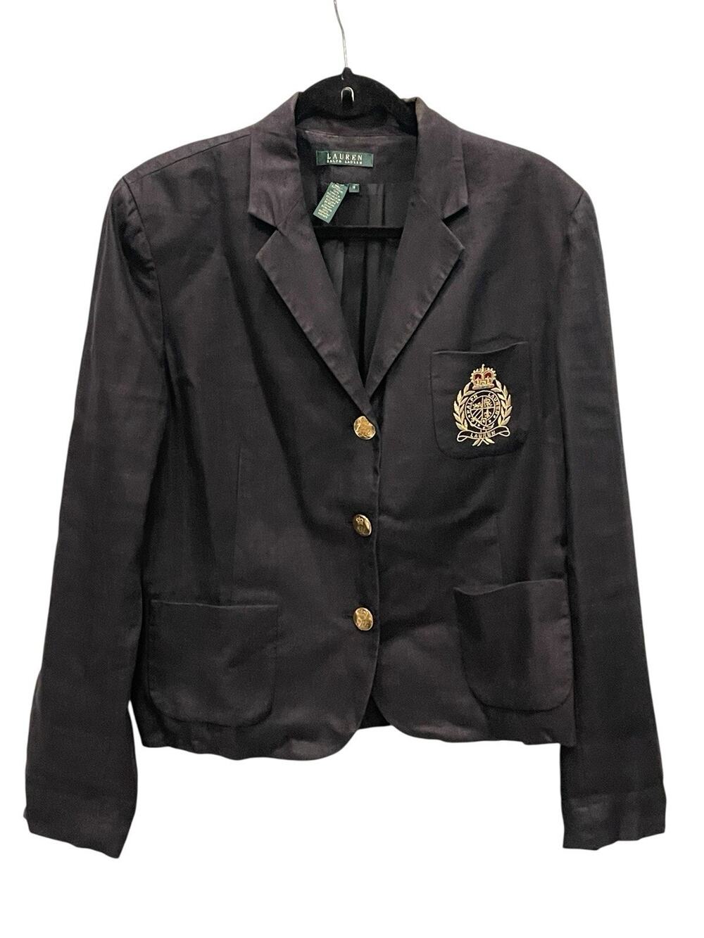 Ralph Lauren Embroidered Crest Blazer Jacket Womens Sz 12 Gold Buttons, Black